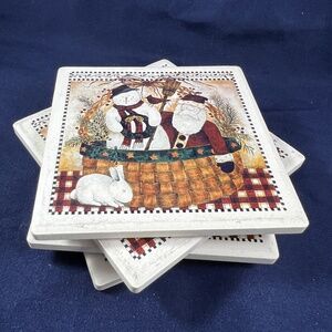 Debbie Mumm Coasters Set Of 4 Plaid Primitive Christmas Santa Snowman Rustic